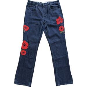 kate spade Dark Blue Straight Leg Jeans with Red Floral Embroidery